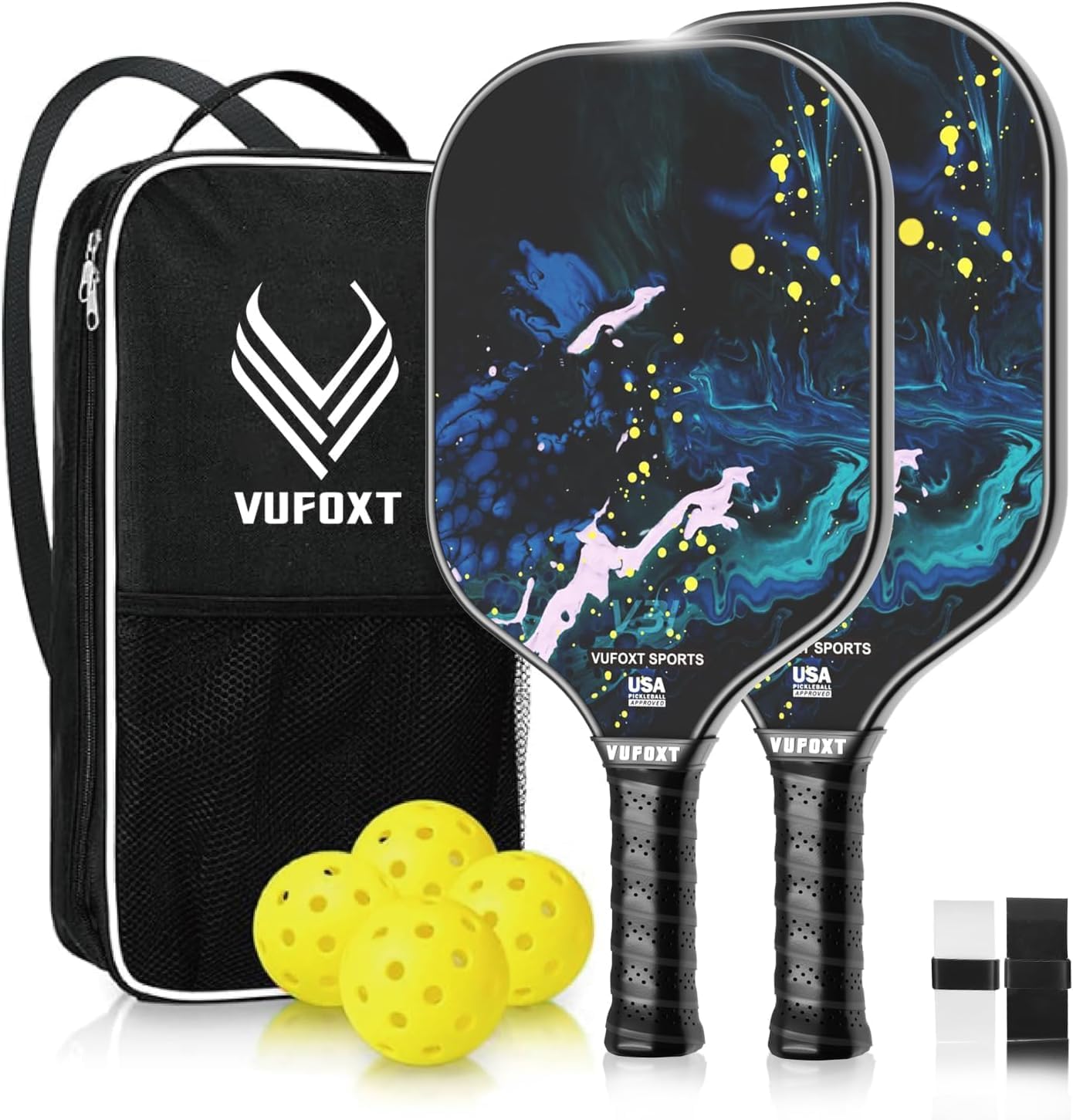 Pickleball Paddles Set of 2/4, USAPA Approved Carbon Fiber Surface Pickle Ball Set - 14mm PP Honeycomb Core of Lightweight Pickleball Rackets -Suitable for Beginners' Training and Game（Blue）
