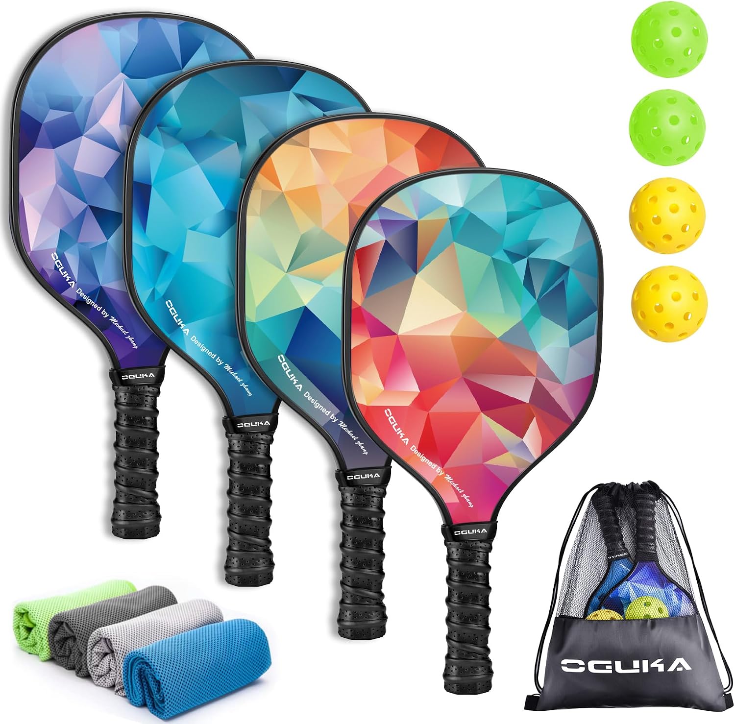 Pickleball Paddles, Lightweight Pickleball Paddles Set of 4, 4 Pickleball Balls, 4 Cooling Towels& Bag, Premium Pickleball Rackets for Beginners & Pros